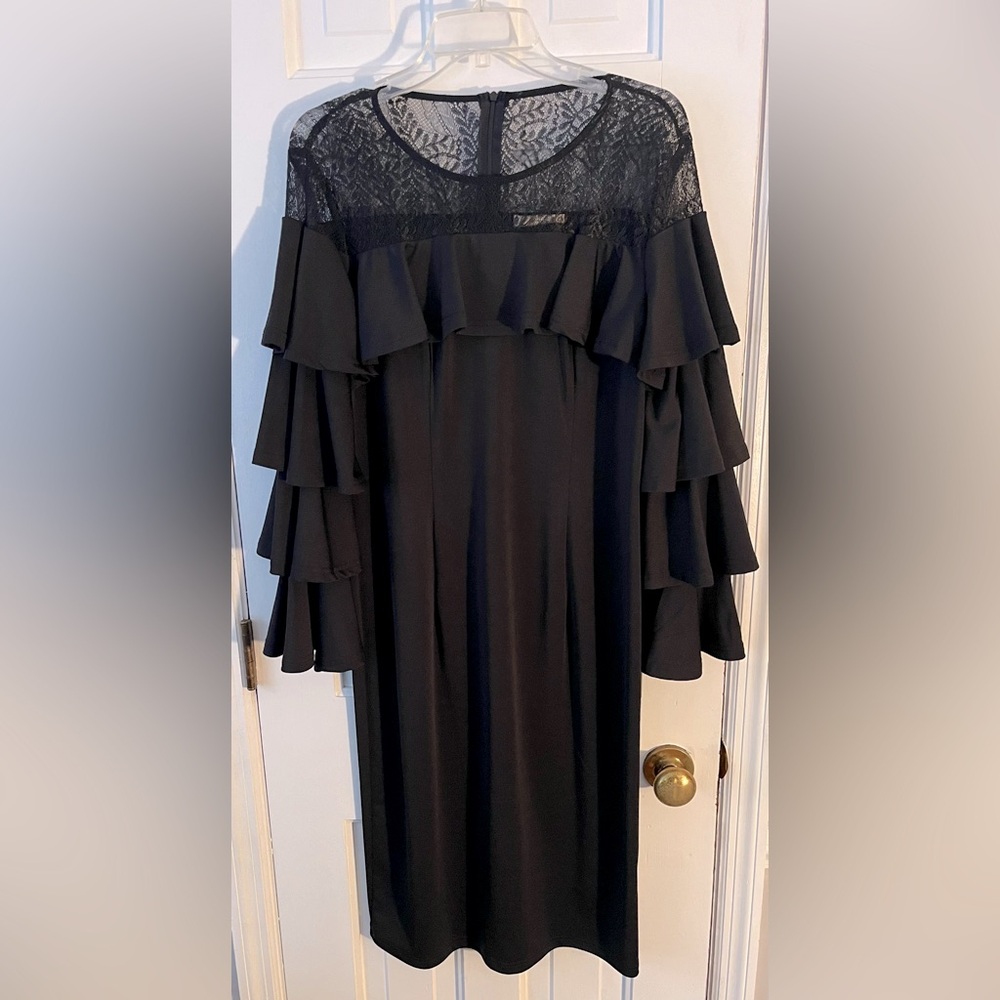 KATE KASIN NWOT Black Ruffle Long-Sleeve/Lace Inset Cocktail Dress. Size: XL